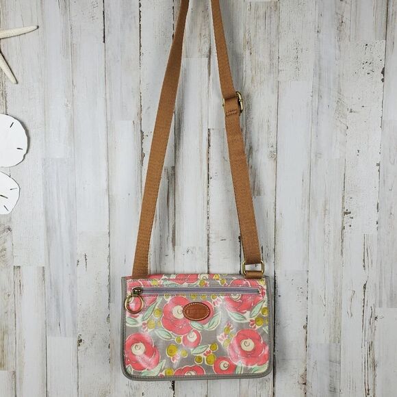Fossil Floral Oil Cloth Crossbody Bag Purse Pink Gray - Picture 10 of 11
